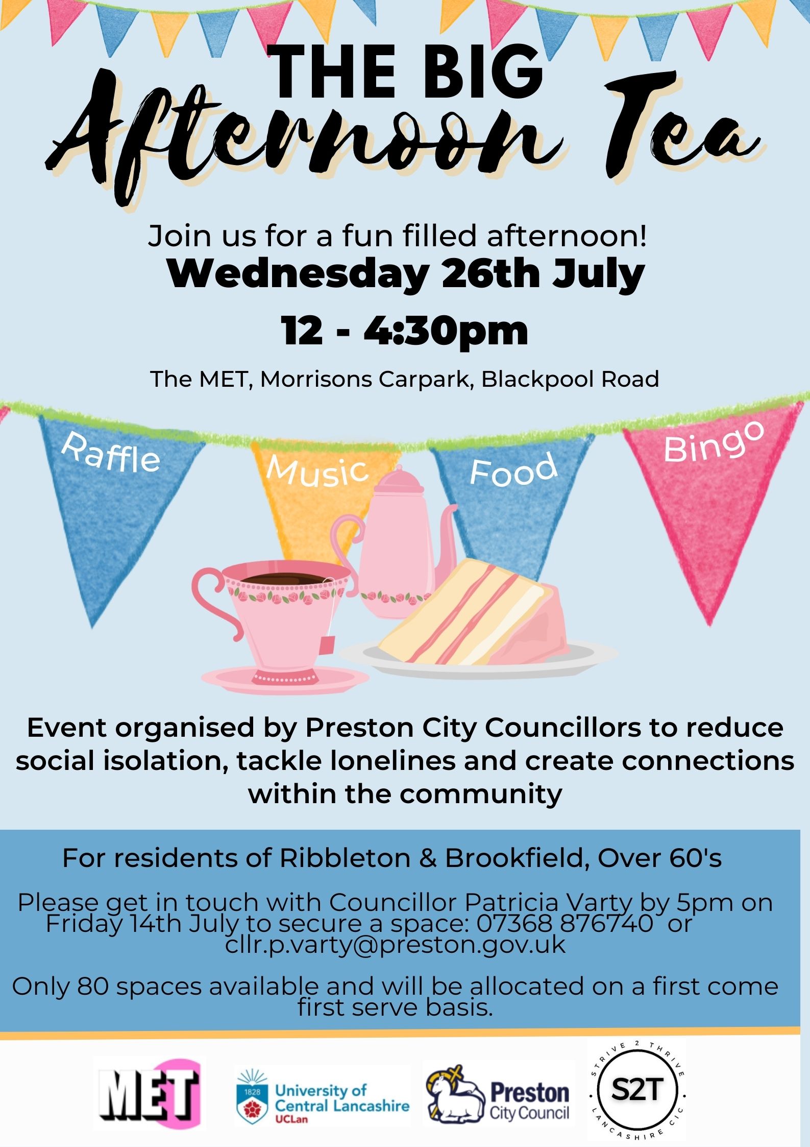 An image of a flyer for 'The Big Afternoon Tea', and afternoon tea event for over 60s in the Ribbleton and Brookfield wards of Preston