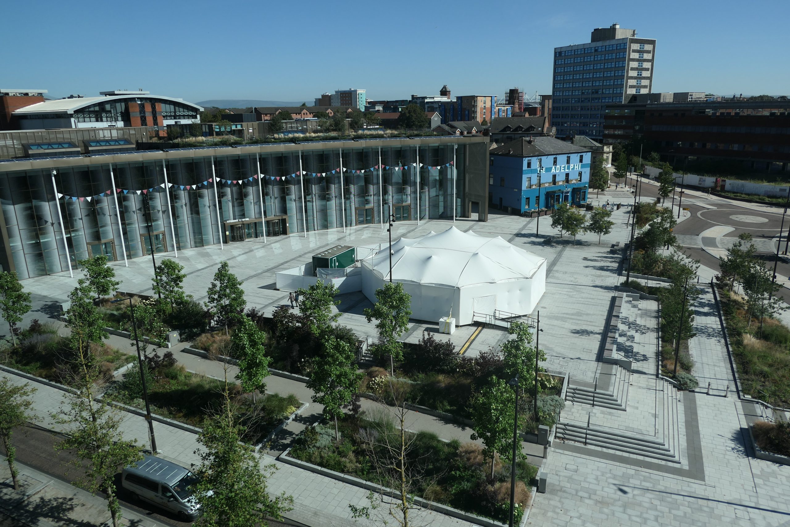 An aerial shot of the MET installed on University Square UCLan.