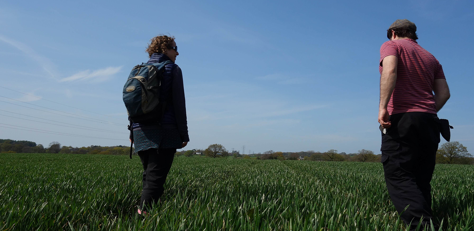 A photograph from the boundary walk. The artists face away from the camera surveying a planted field.
