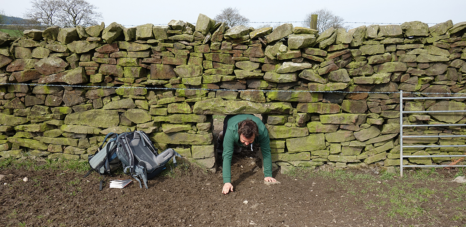 A photograph from the boundary walk. A man crawls through a hole in a stone wall.