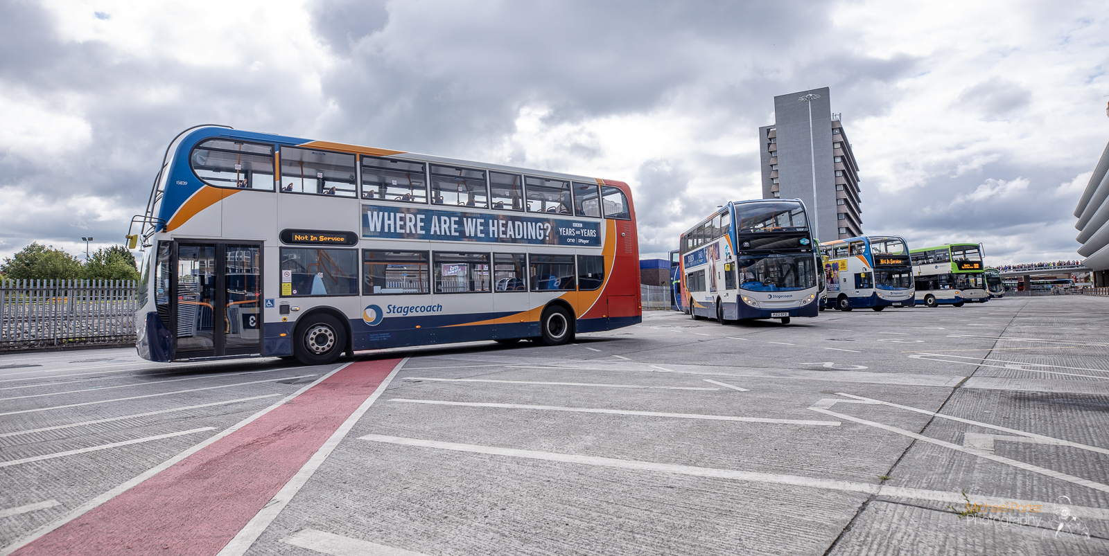 Buses lining up to leave Preston Bus Station as part of the Conductor performance