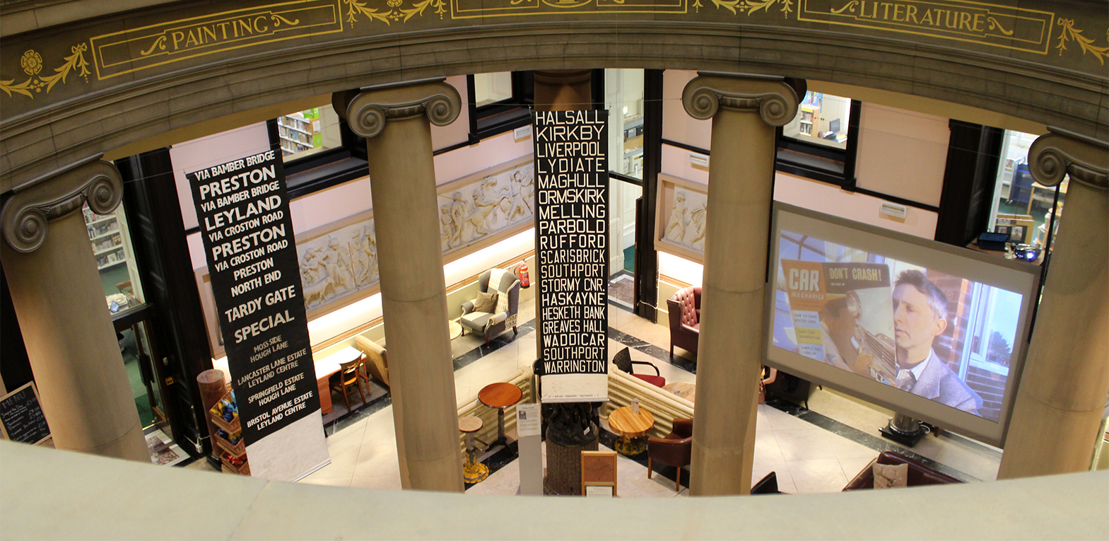 The exhibition in the Harris Museum. The central rotunda of the museum was used for film screenings and the hanging of bus blinds.