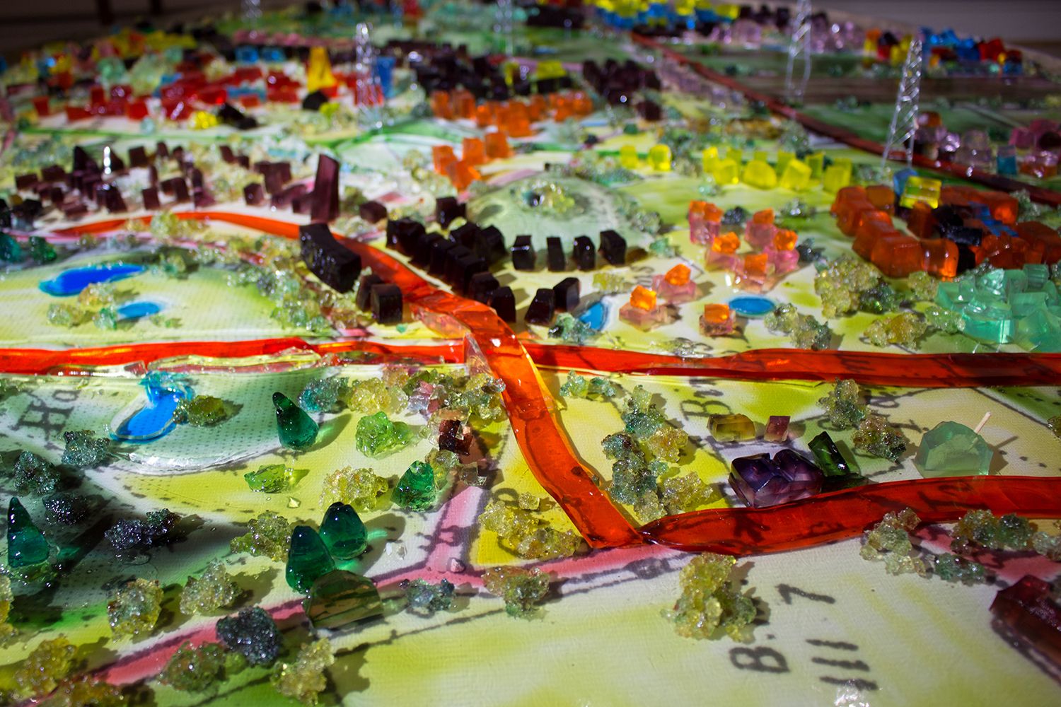 Photograph of a map of Preston made from layers of different coloured jelly.