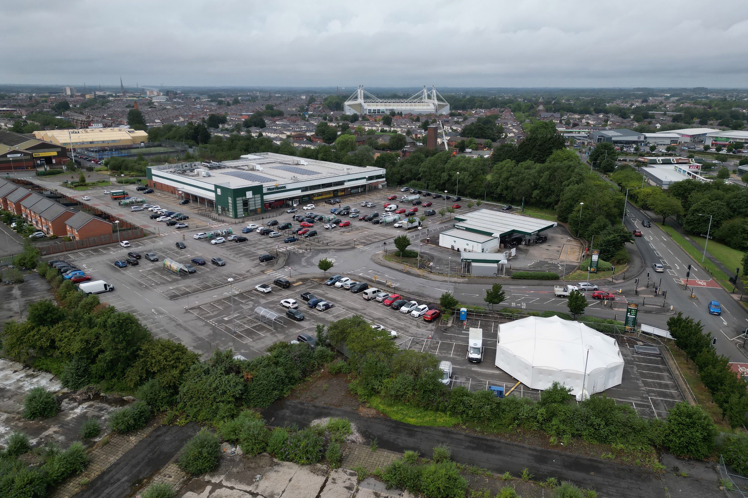 An aerial photograph of the MET installed in the Morrison's car park in Ribbleton.